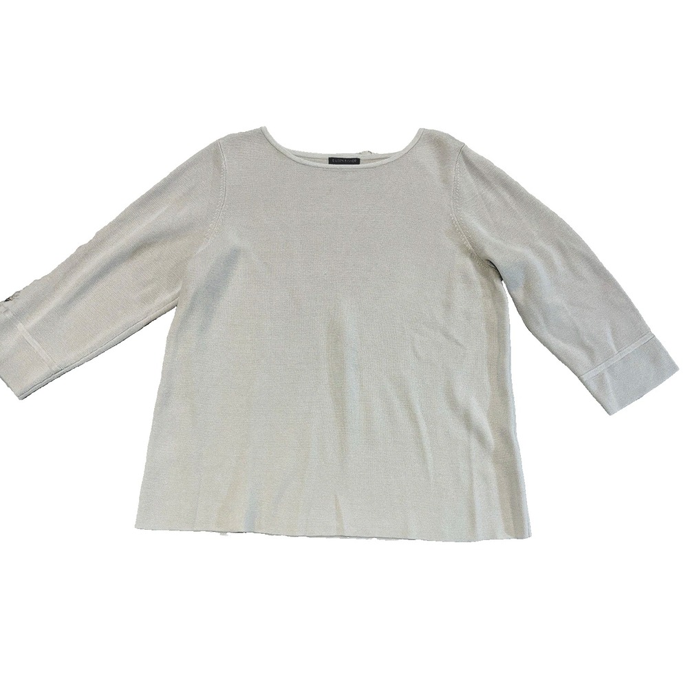 Eileen Fisher Silk Cotton 3/4 Sleeve Boxy Sweater Top Bone Petite L Minimalist